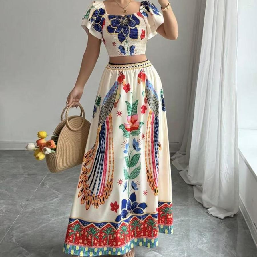 

New Printed Casual Bohemian Summer Short Sleeve Top & Maxi Dress Women s Set XL темний колір орхідеї