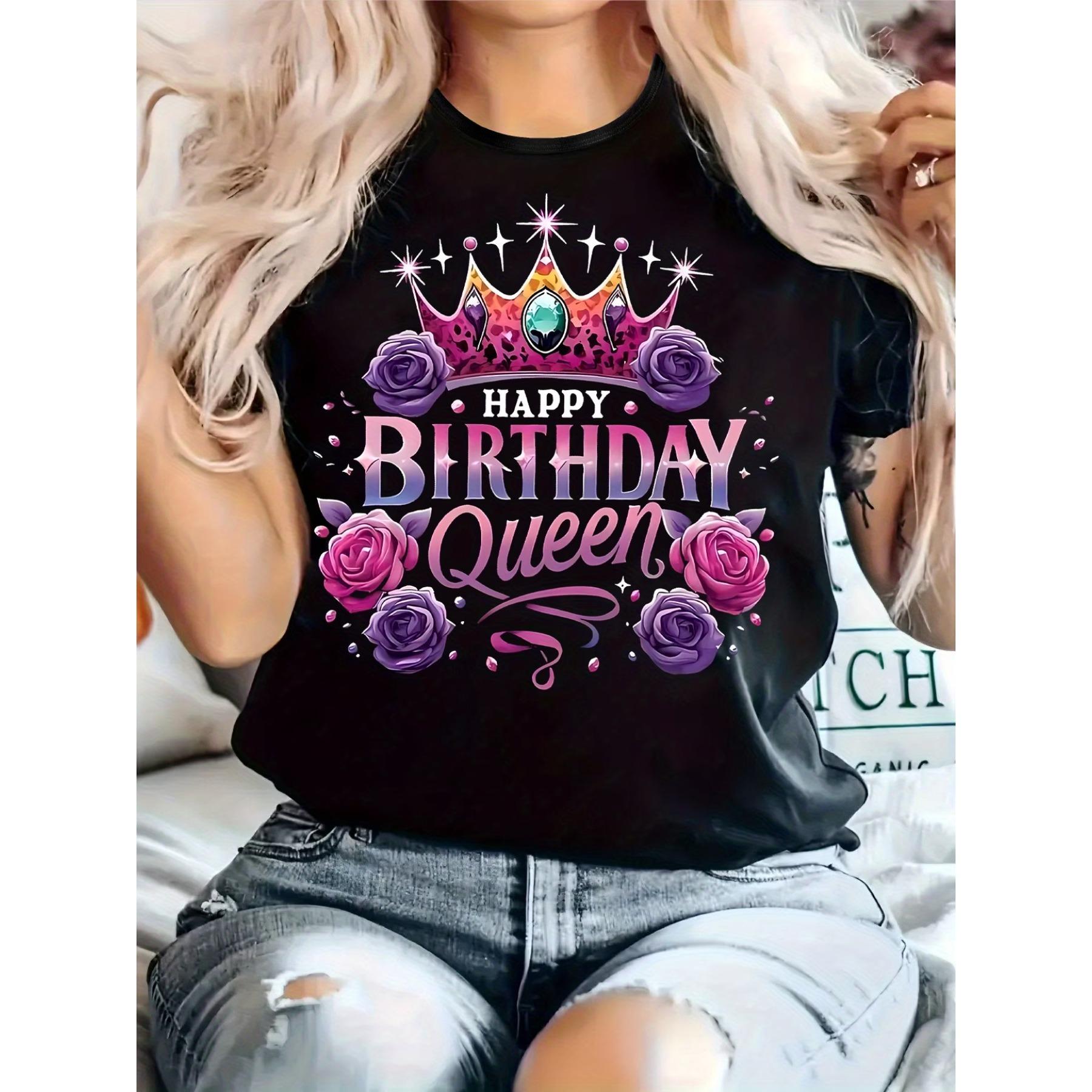 

Women S Happy Birthday Queen Graphic T-Shirt - Vibrant Pink & Purple Design with Crown & Roses, Casual Crew Neck, Short Sleeve, Slight Stre S чёрный