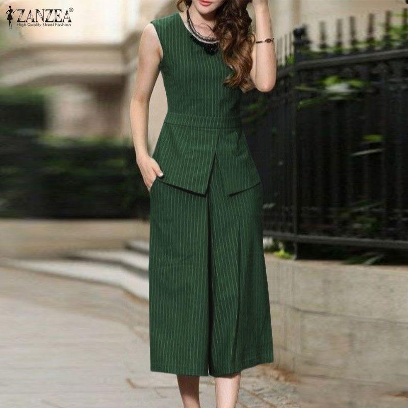 ZANZEA Women Sleeveless Vest Tops and Capris Pants Stripe Print Tow Piece Sets