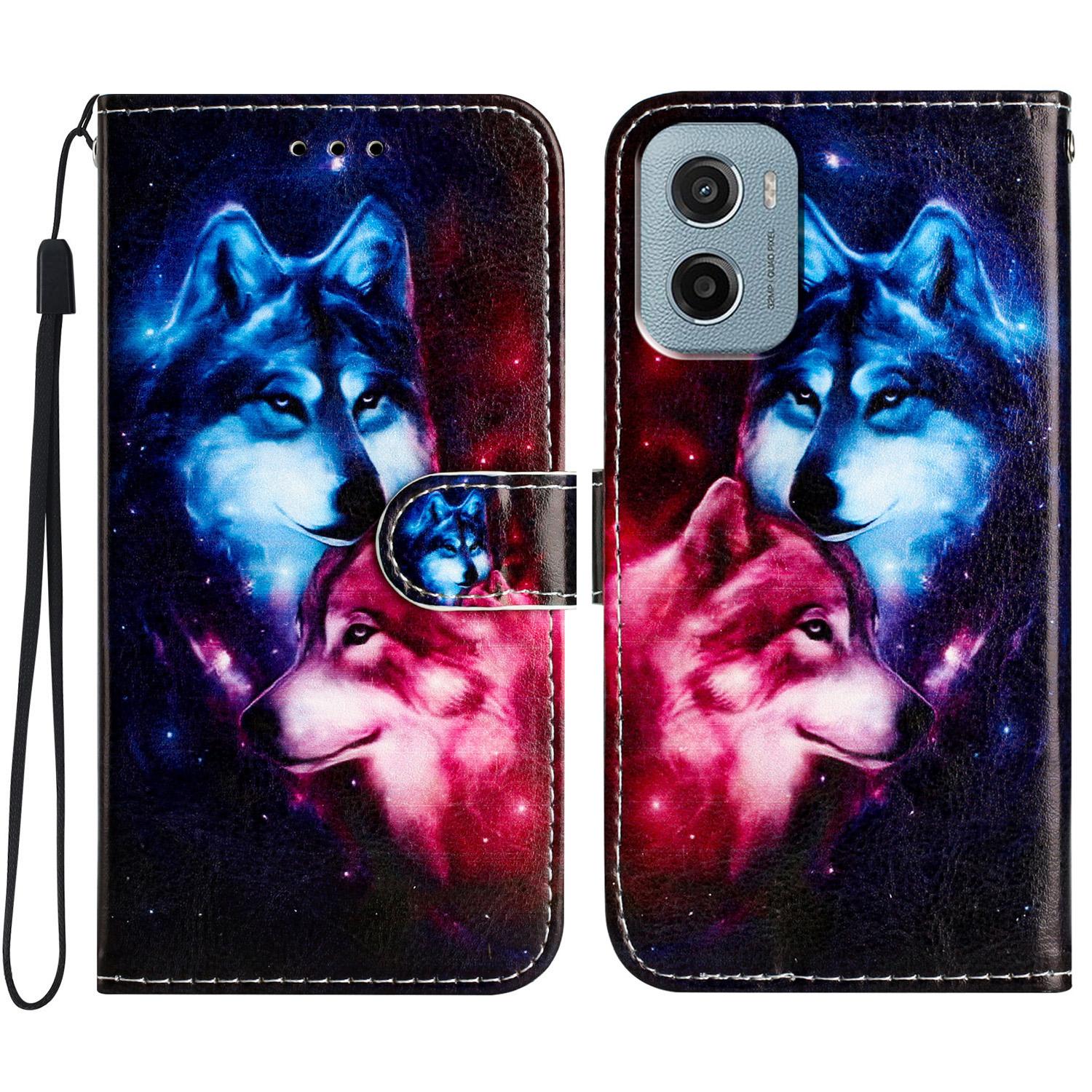 

For Motorola Moto E15 4G/G05 4G Wallet Case Printed Pattern Design Leather Phone Cover Couple Wolf