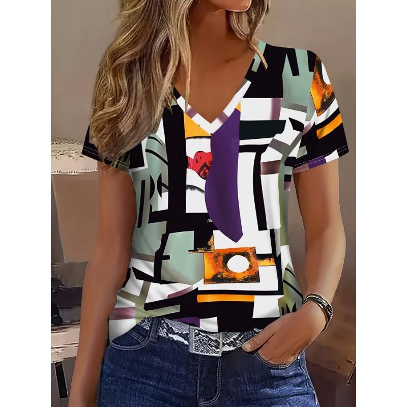 2025 New Summer Women's Black and White Plaid Print T-shirt V-neck Short Sleeve Casual Daily Basic Tops Women's Summer Pullover