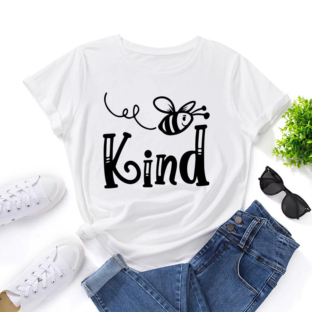 Bee Kind Pattern Cotton T-Shirt Short Sleeve Round Neck Women 2d Print Tops
