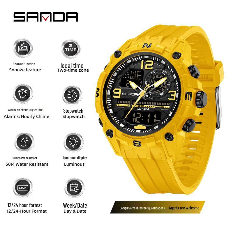 Sanda Men's Multifunctional Waterproof Sports Watch with Dual Display and Snooze Alarm