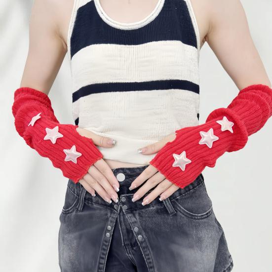 Knitted Arm Warmers Girls Fingerless Long Wrist Gloves Winter Star Arm Sleeves with Thumb Hole for Women Street Wear Parties