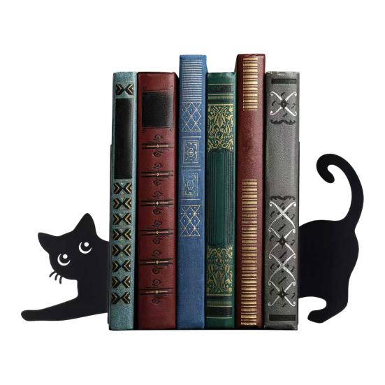 1 Pair Cute Cat-Shaped Bookends Decorative Wooden Book Stoppers for Shelves Desks Corner Shelf Organizer Adorable Home Office Decor Gift for Cat