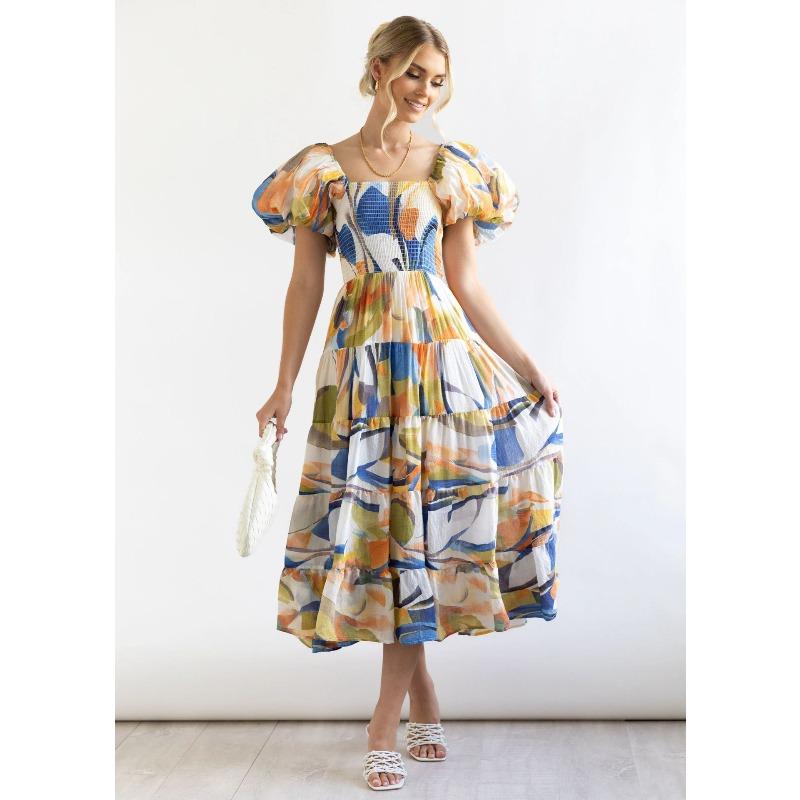 Summer New Bubble Sleeve Holiday Skinny Long Dress Spice Girl High Waist Shoulder Printed Dress Women