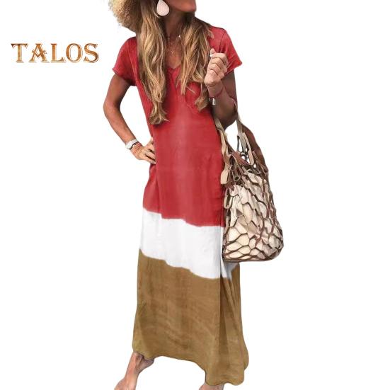 

Женское летнее длинное платье в стиле пэчворк с V-образным вырезом, свободное макси-платье, повседневное платье с коротким рукавом для пляжного отдыха 3XL красный