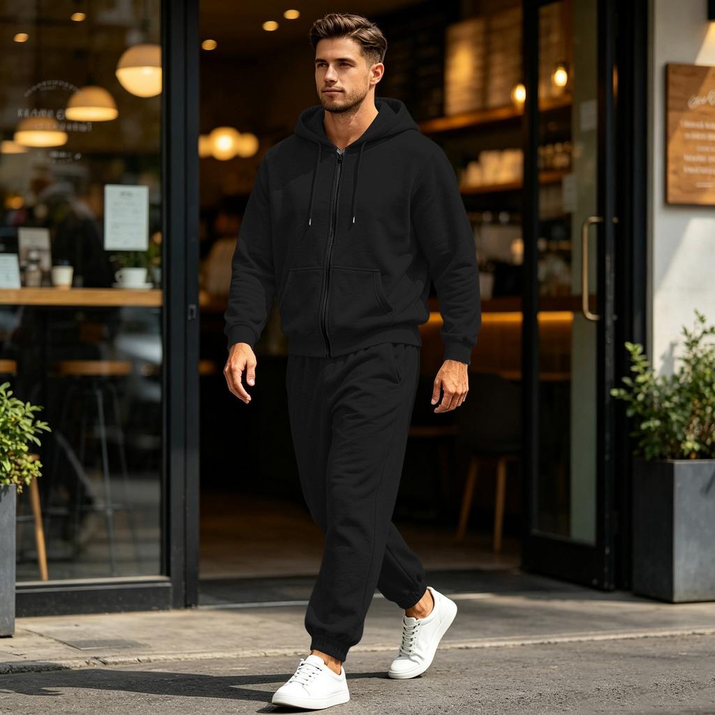 Men's Multi-Pocket Zip-Up Hooded Sweatshirt and Pants Set Athletic Tracksuit