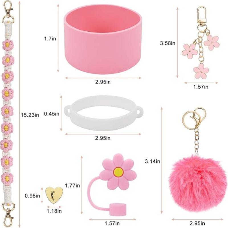 Straw Cap Silicone Insulated Cup Sleeve with Handheld Rope & Flower Pompon Pendant Set