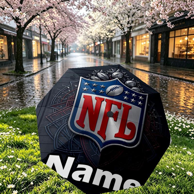 Custom Name Personalized NFL Print Umbrella, Auto Open Close, 8‑Rib Sturdy Frame, Commute Camping Hiking Use, Birthday Gift