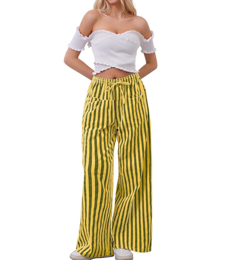 2024 Women's European & American Casual Striped Low Waist Wide Leg Drawstring Multi-Pocket Pants