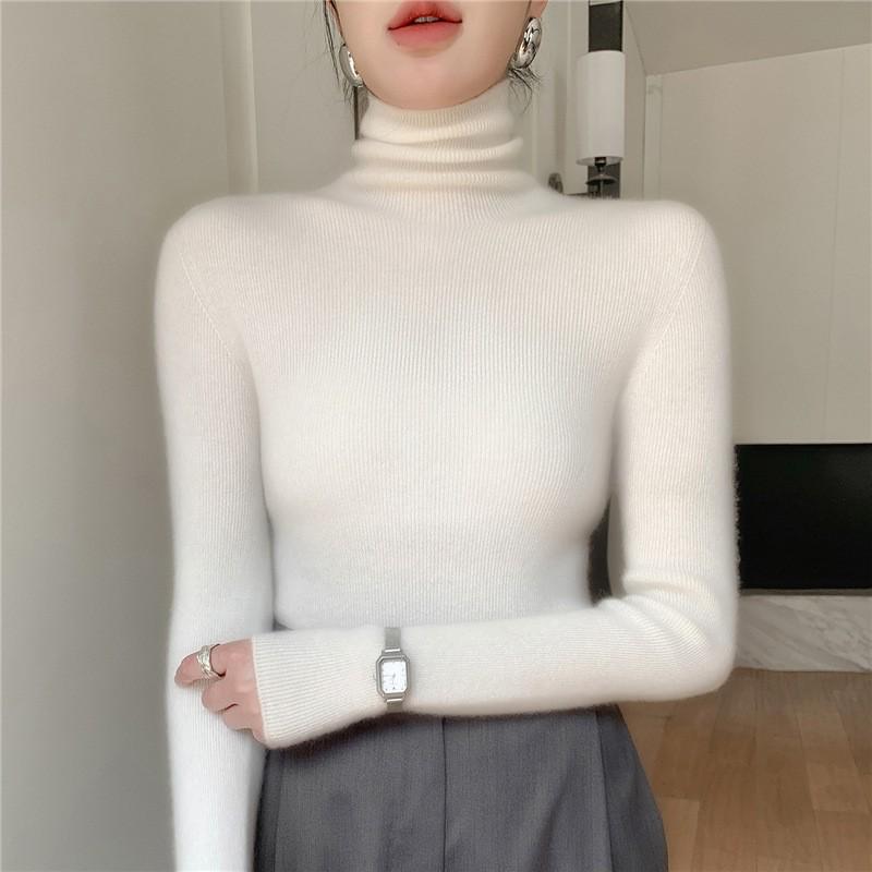 Women's Black Wool Semi-High Neck Base Layer Sweater - Soft, Comfortable, Slimming Fit for Autumn/Winter.