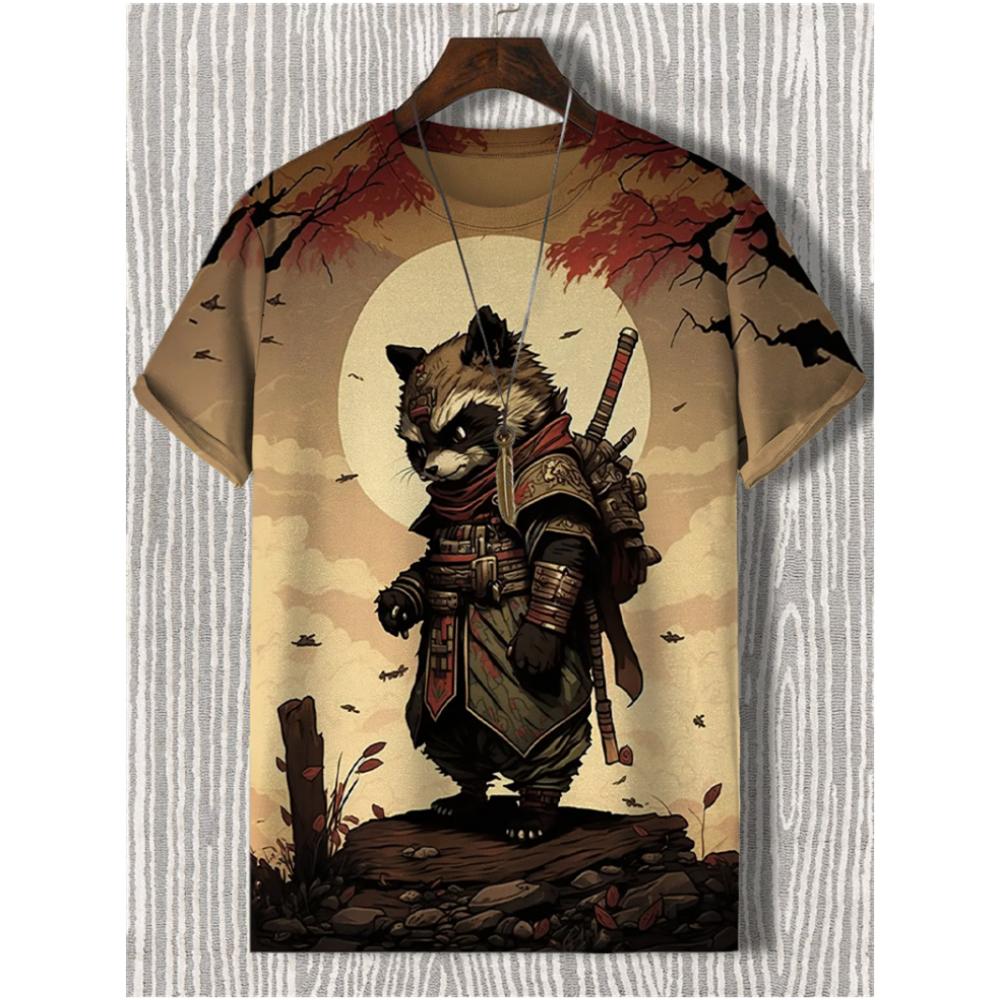 Japanese Style Samurai Cat Graphic T Shirt For Men Causal 3D Printed O Neck Short Sleeve Tees Outdoor Oversize Men Clothing Tops
