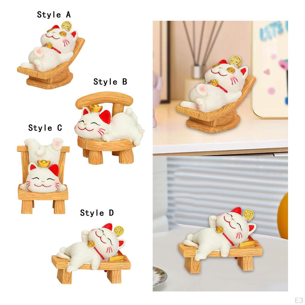 Lucky Cat Statue Animal Sculpture Cartoon Resin Kitten Figurine Desktop Ornament for Table Bedroom
