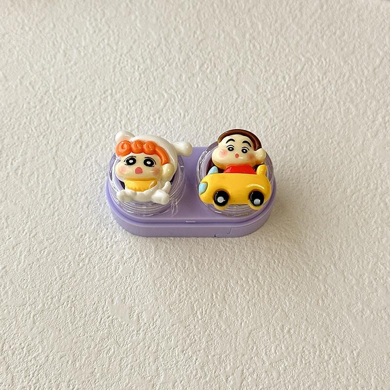 Zestaw etui na soczewki kontaktowe Przezroczysty przenośny etui towarzyszące Kredka Shin-chan Fioletowy Beżowy Mały Typ szuflady Słodkie narzędzia do usuwania soczewek kontaktowych