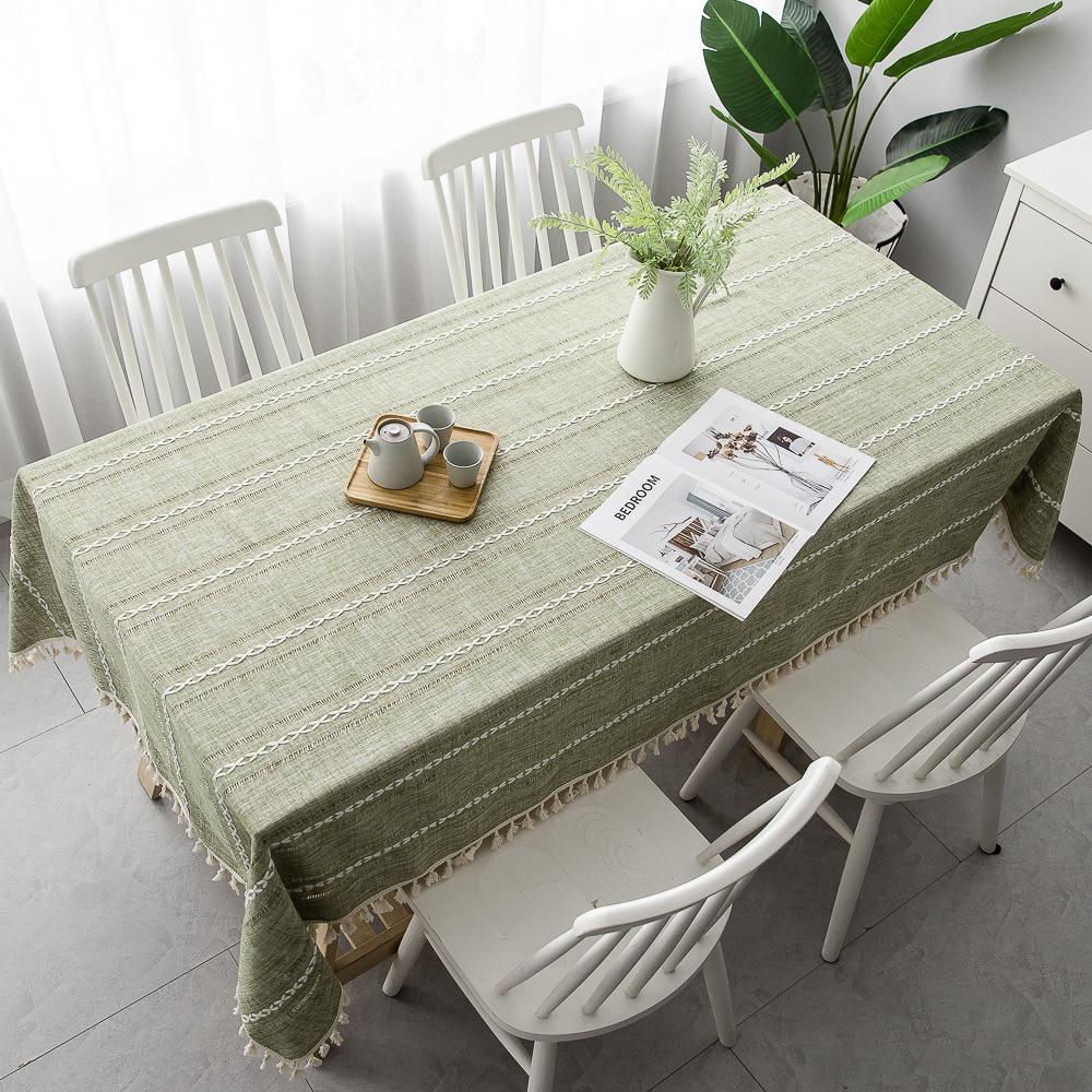 Luxurious Rectangular Cotton Linen Tablecloth with Tassel and Embroidery