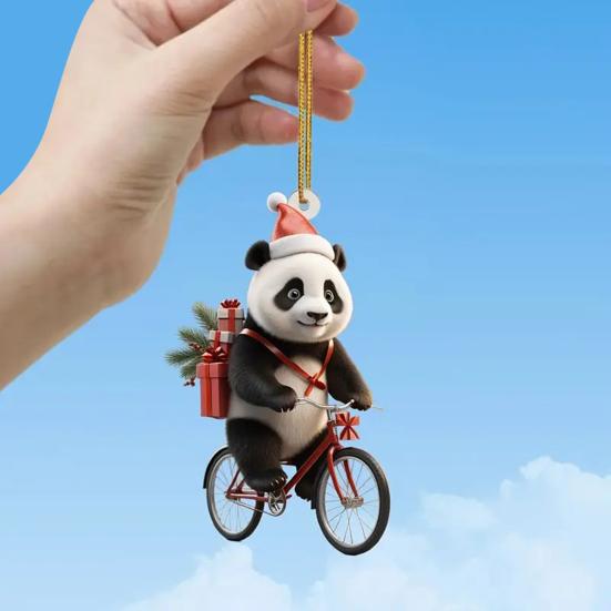Christmas Car Pendant Lifelike Riding Panda Shape Lightweight Hanging Accessory Christmas Trees Doors Windows Hanging Ornament Bag or Keychain Charm