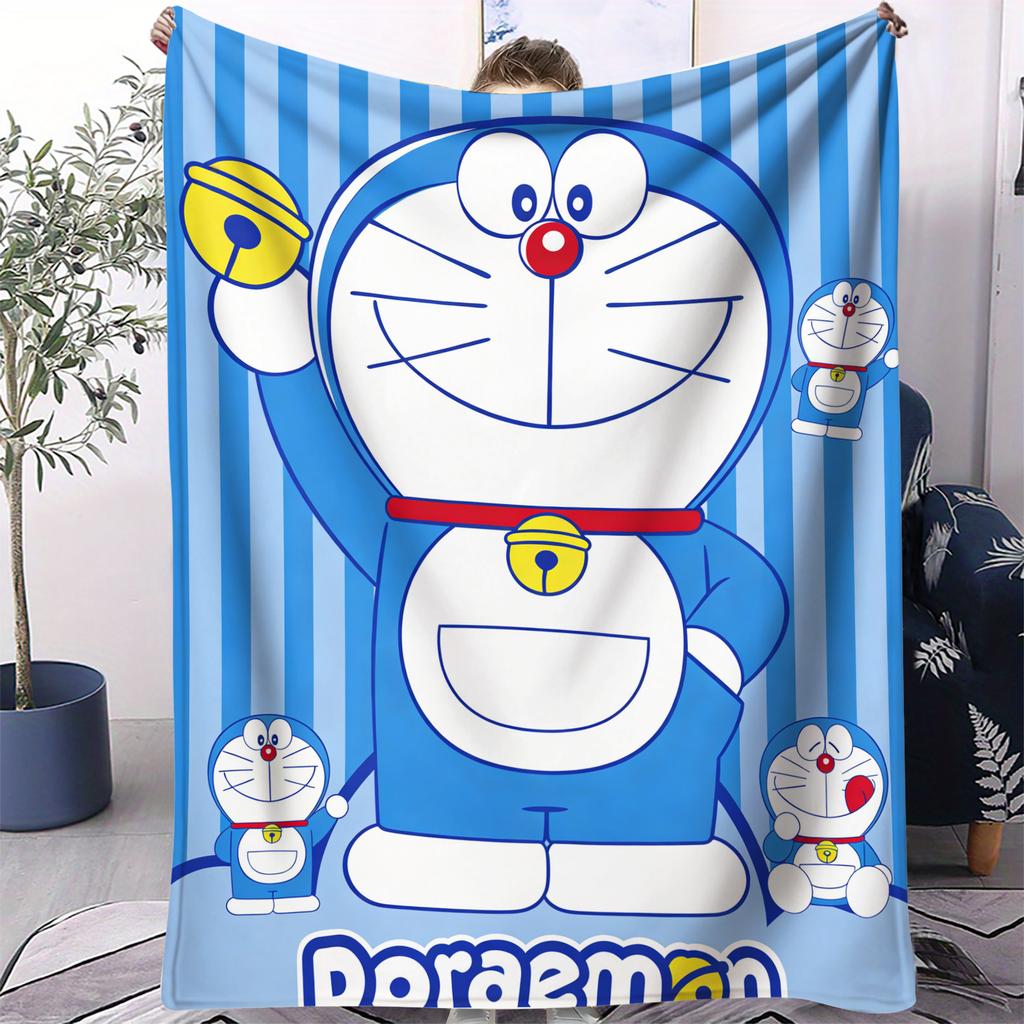 Doraemon Logo Pattern Fleece Blanket, Blue White Round Face with Red Nose Soft Throw, Cozy Couch Blanket for Kids Room