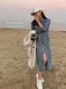 Women's Denim Dress: Spring/Autumn Long Sleeve Tie-Up Skirt with High-End Mid-Length Slit - 39315