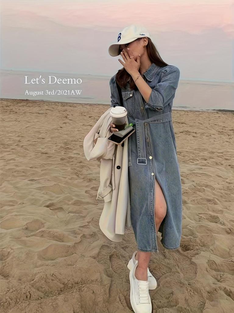 Women's Denim Dress: Spring/Autumn Long Sleeve Tie-Up Skirt with High-End Mid-Length Slit - 39315