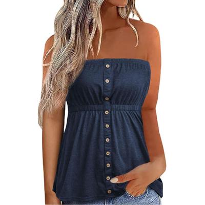 Women Tube Top Summer Button Strapless Bandeau Tank Crop Tops Solid Elastic Design Backless Breathable Pleated Tops
