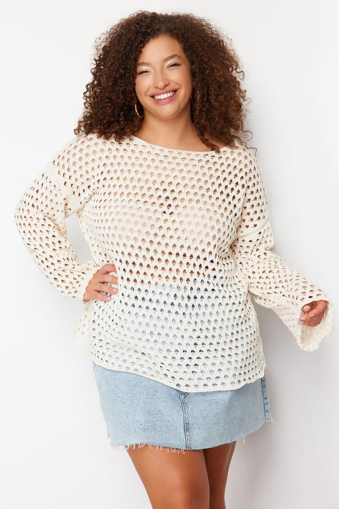 Damen Stil Übergröße Beige Durchbrochen Perforiert Niedriger Ärmel Feinstrickpullover