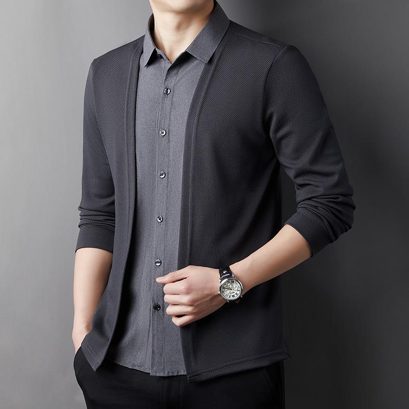Spring and Autumn Men's Casual Fashion Fake Two-piece Shirt Collar Knitted Cardigan