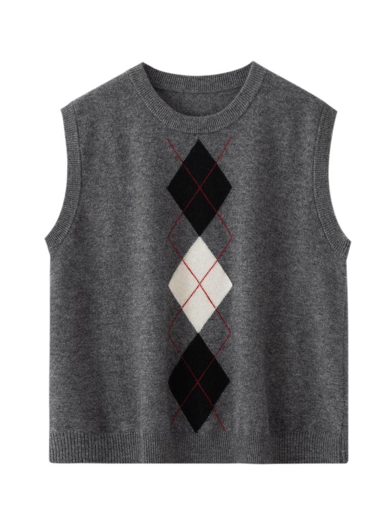 Retro British Diamond Pattern Sleeveless Cashmere Vest