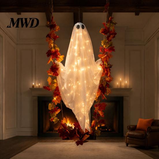 Halloween-Außendekoration Veranda Schwingende Geisterdekoration, Großes Hängendes mit Ahornblatt Beleuchtete Schaukel für Hof Rankenlichter Und Fernbedienung Baum,