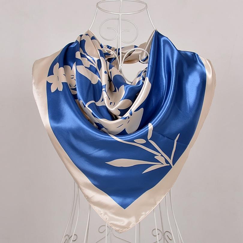 Fashion Brand Women Beige Polyester Silk Scarf Shawl New Style Big Square Ladies Satin Scarves Hijabs Printed Silk Wraps 90*90cm