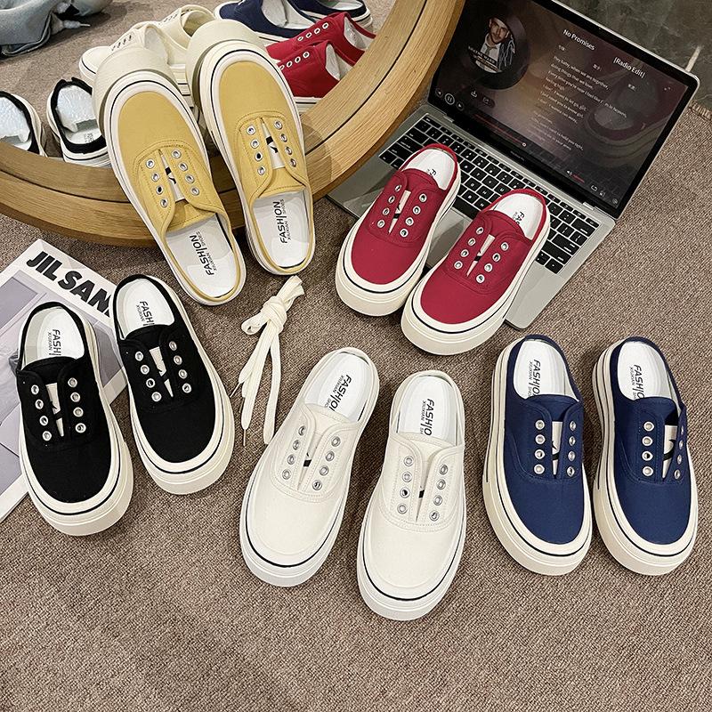 2025 new casual canvas shoes heel-free versatile lazy one-pedal platform ins bag head half slippers women's summer