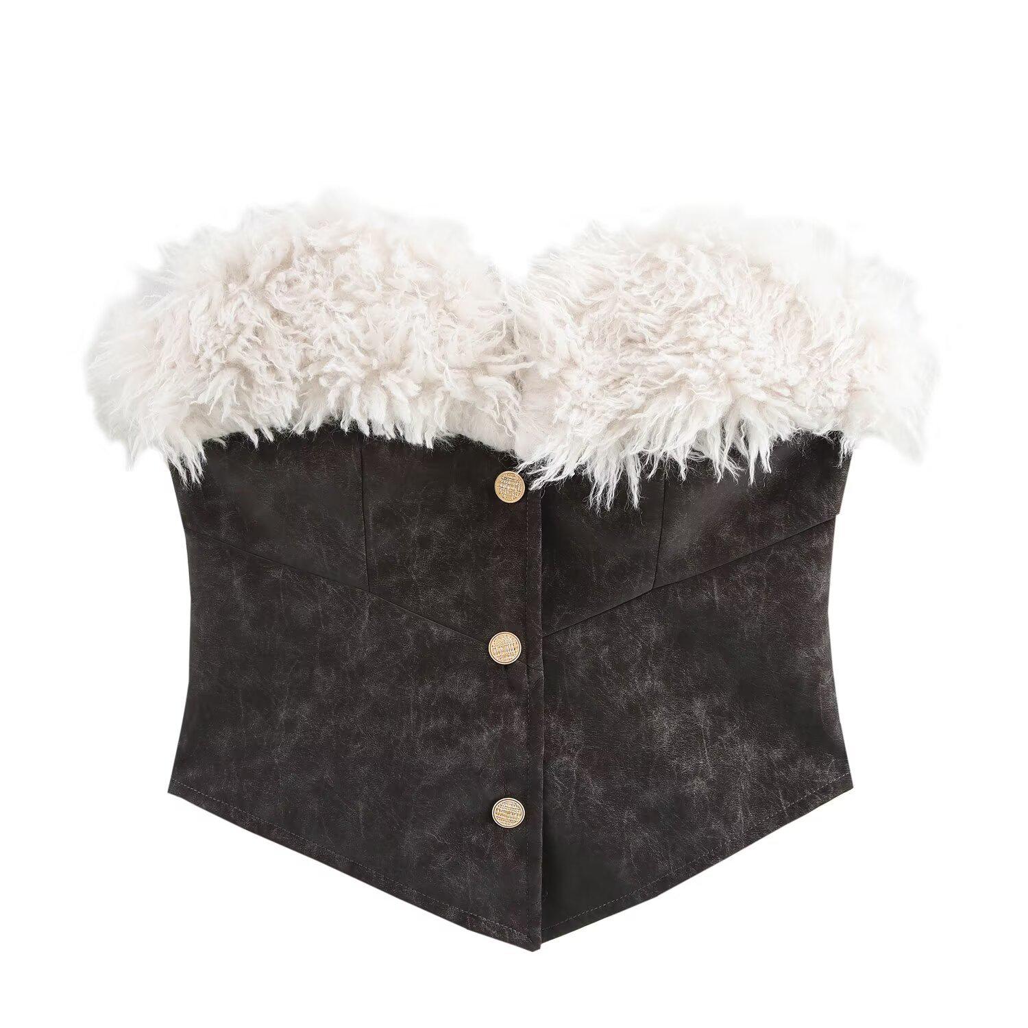 

Зимний женский ретро топ без бретелей с мехом - Европейский и американский стиль M