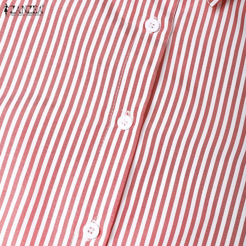 ZANZEA Women Casual Turn Down Collar Long Sleeve Loose Stripe Dress