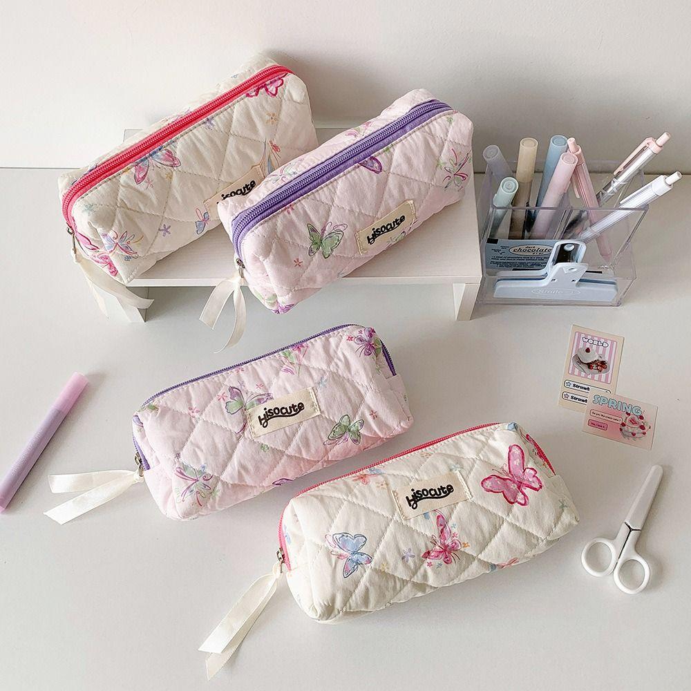 Quilted Pen Pouch Butterfly Printing Cosmetic Bag Fashion Pen Bag  Girls Gift