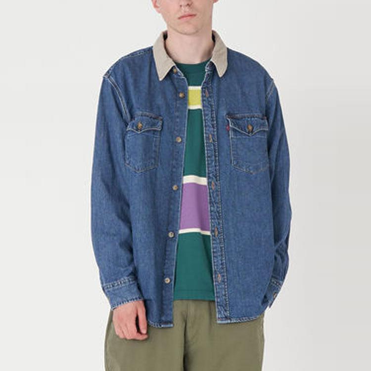 Levis Fw22 Solid Color Casual Polo Long Sleeve Shirt Men Shirts Blue A1919-0006