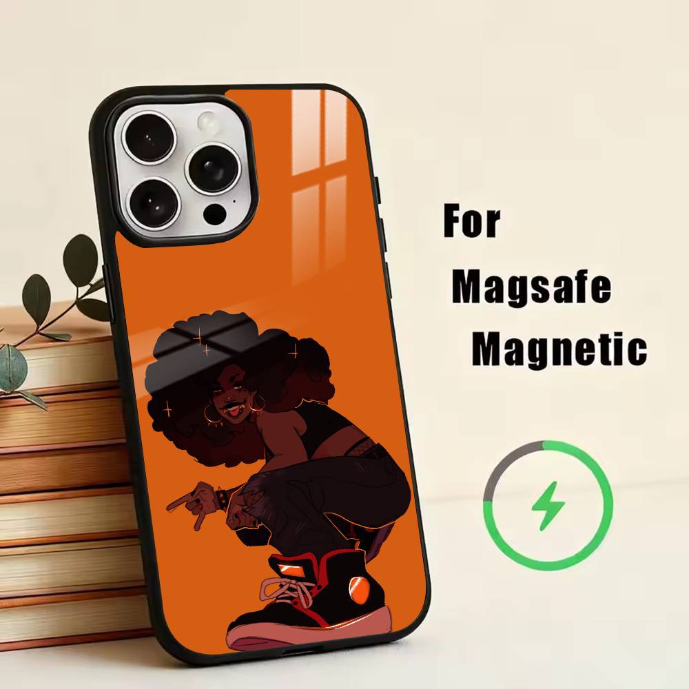 Cartoon Black Girl A-Afro Phone Case For iPhone17,16,15,14,13,12,11 Plus,Pro Magnetic with Magsafe Wireless Charging