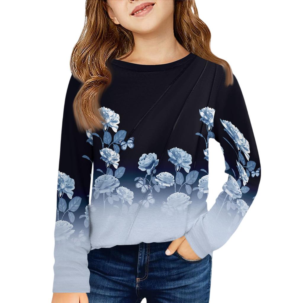 Girls' Long Sleeve Tee - Pleated Round Neck Casual Top