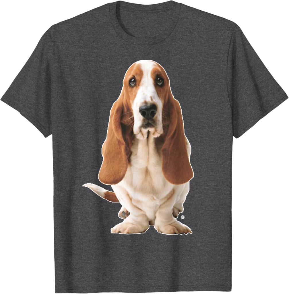 Basset Hound Dog Sitting Graphic Tee Breathable Cotton Casual Short Sleeve T-Shirt for Men