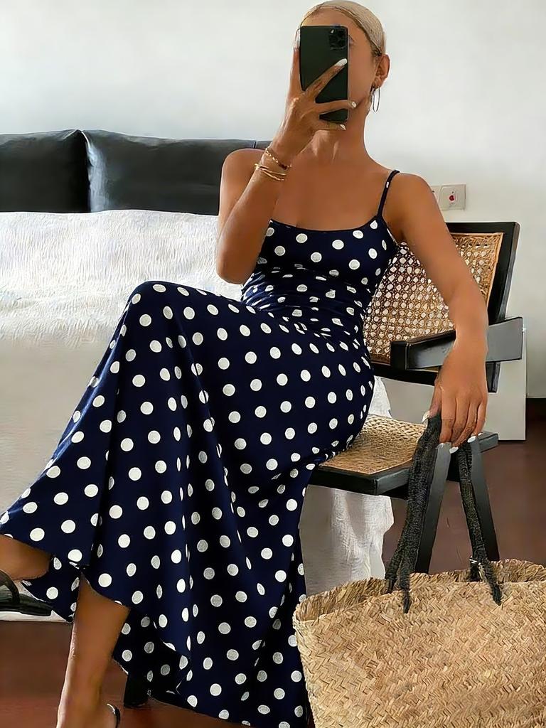European and American Women's Clothing Spring and Summer New Product Temperament Elegant Wind Polka Dot Printing Slim Dress