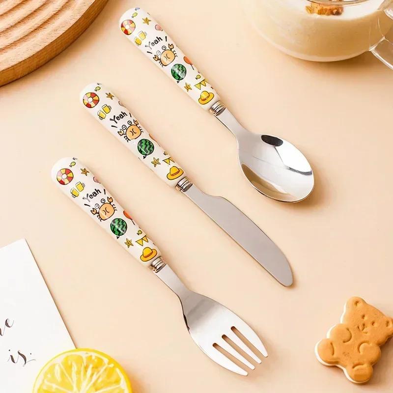 3pcs/lot Infant Spoon Fork Collection Stainless Utensil Children's Tableware Training Spoon Feeding Tableware Gentle Kitchen Accessories