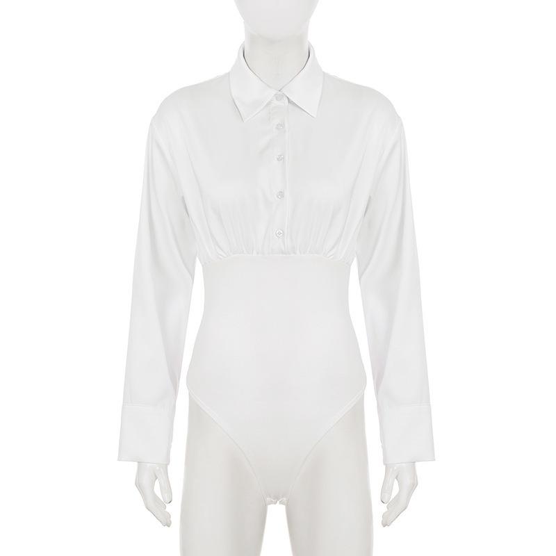 Women's Solid Color Design Button Jumpsuit Shirt Long Sleeve Lapel Slim Fit Fashion Top
