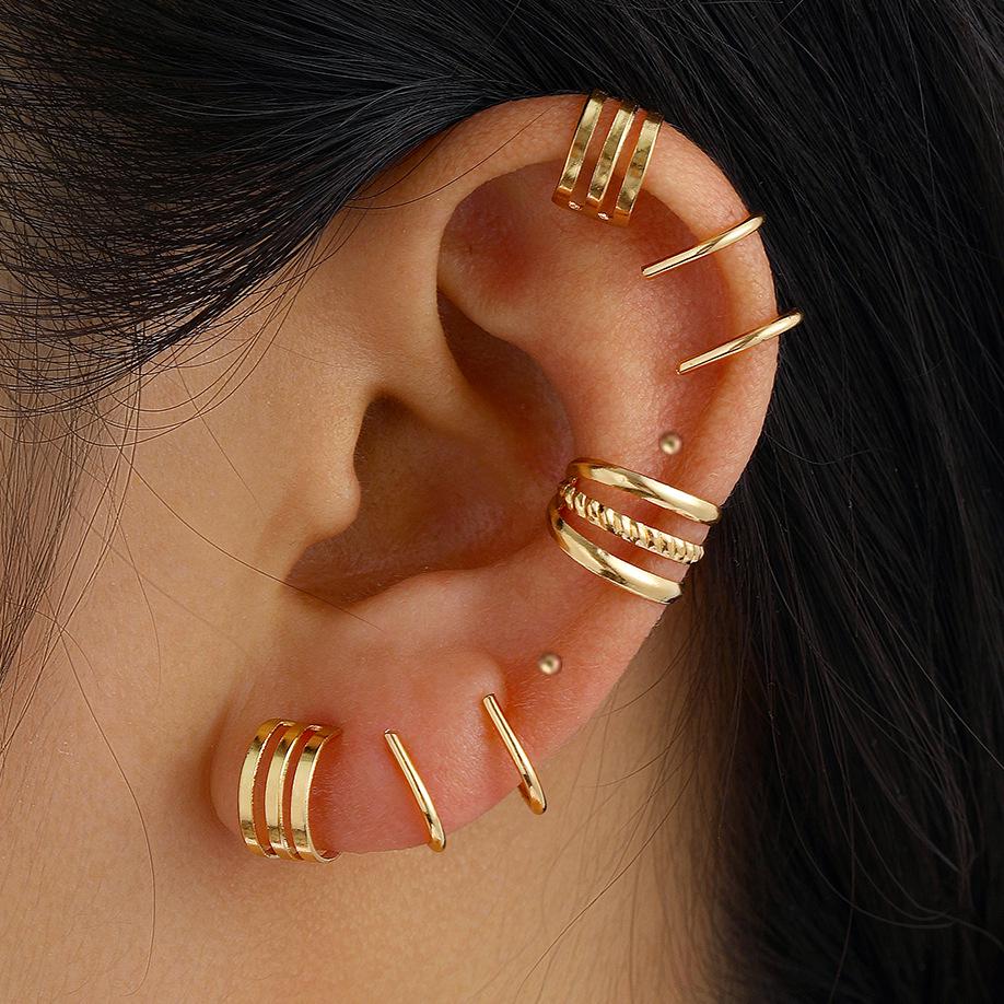 Gold European and American Retro Hollow Multi-layer Ear Clip Earrings Set - 7 Pieces