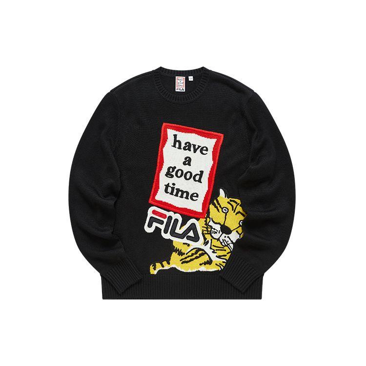FILA x Year Of The Tiger Collection Logo Letter Jacquard Sports Crewneck Sweater Unisex sweater Black F11U219403F-BK L