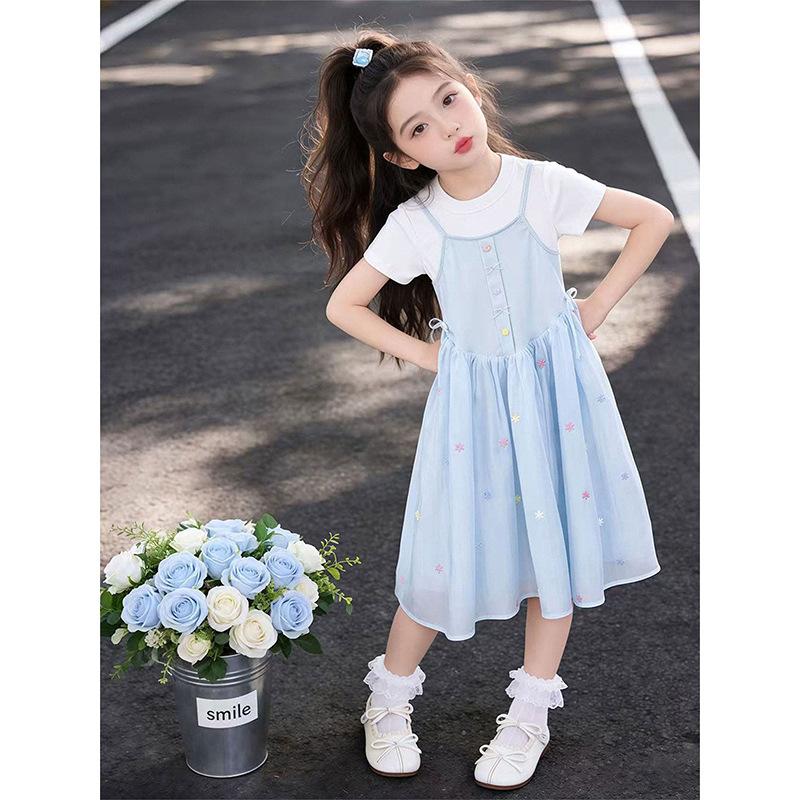 Vestito da Principessa Estivo in Rete per Bambina Taglia Media Grande Manica Corta Finto Due Pezzi Dolce Abito da Festa