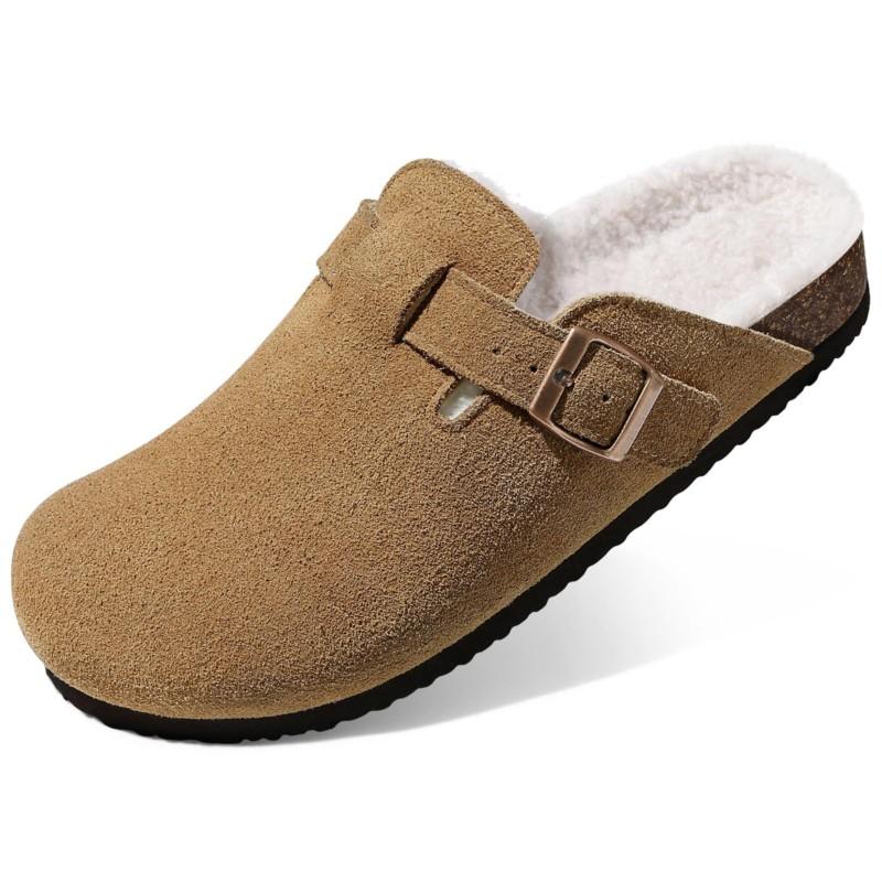 Fashion Kidmi Women's Slippers with Adjustable Metal Buckle Fashion Fur Lined Suede Clogs Cork Footbed Mules Slip On Winter Potato Shoes