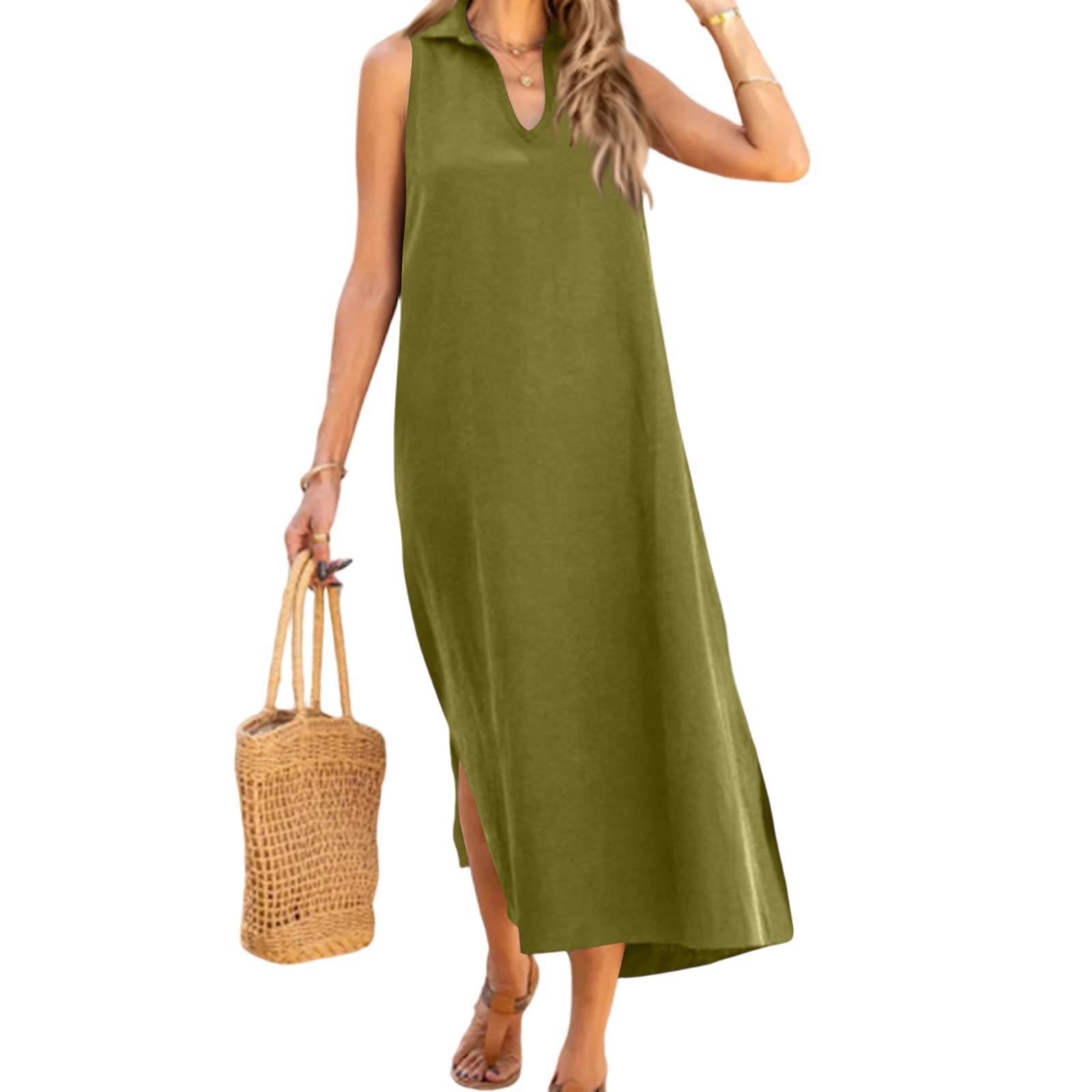 Women s Sleeveless V-Neck Maxi Dress Casual Loose Fit Summer Beach Dress with Side Slits Elegant Navy Blue M