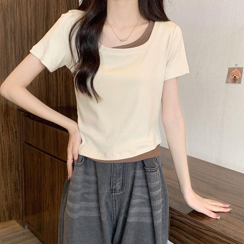 Quadratischer Ausschnitt kurzärmeliges T-Shirt für Damen Sommer neuer Stil rechte Schulter Nische kurz halbärmelig farblich passend Slim-Fit Design Top