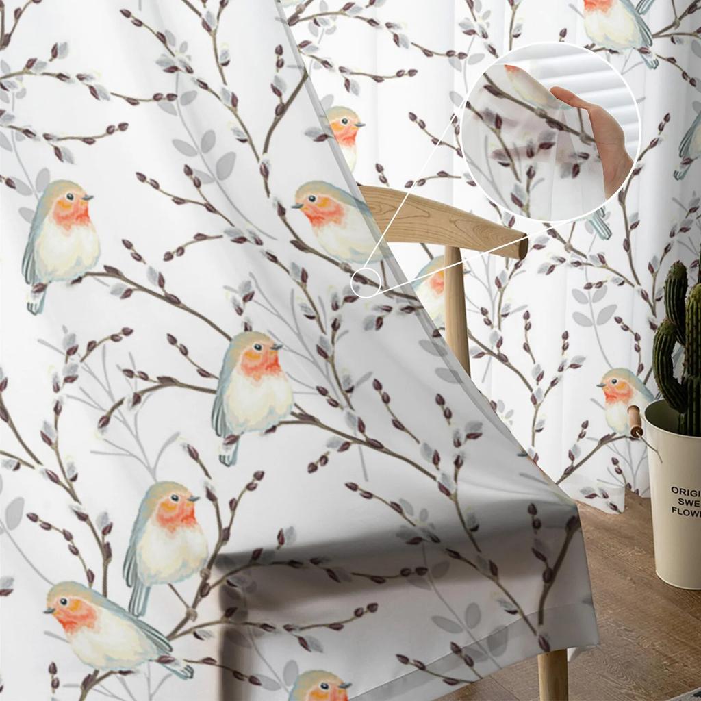 Willow Branch And Robin Tulle Curtains For Living Room Sheer Curtain For Bedroom Christmas Blinds Voile Curtains