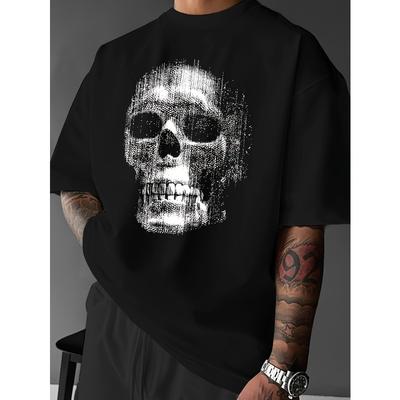 Metal Skull Print T-Shirt, Street Style Crew Neck, Loose Drop Shoulder Fit, Men's Short Sleeve T-Shirt