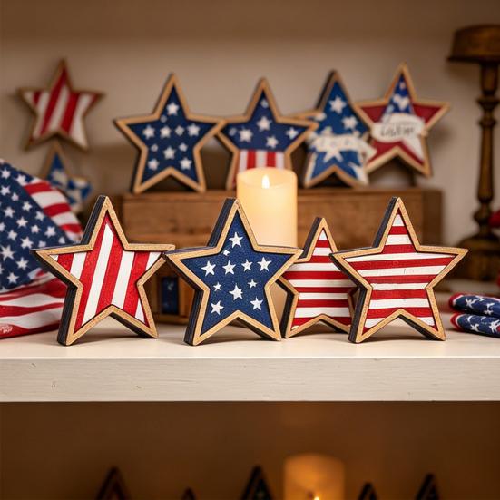 4th of July Rustic Star Wooden Sign, Vintage Star Shaped Block Sign, Patriotic Tiered Tray Centerpiece for Memorial Day, Independence Day Home Table